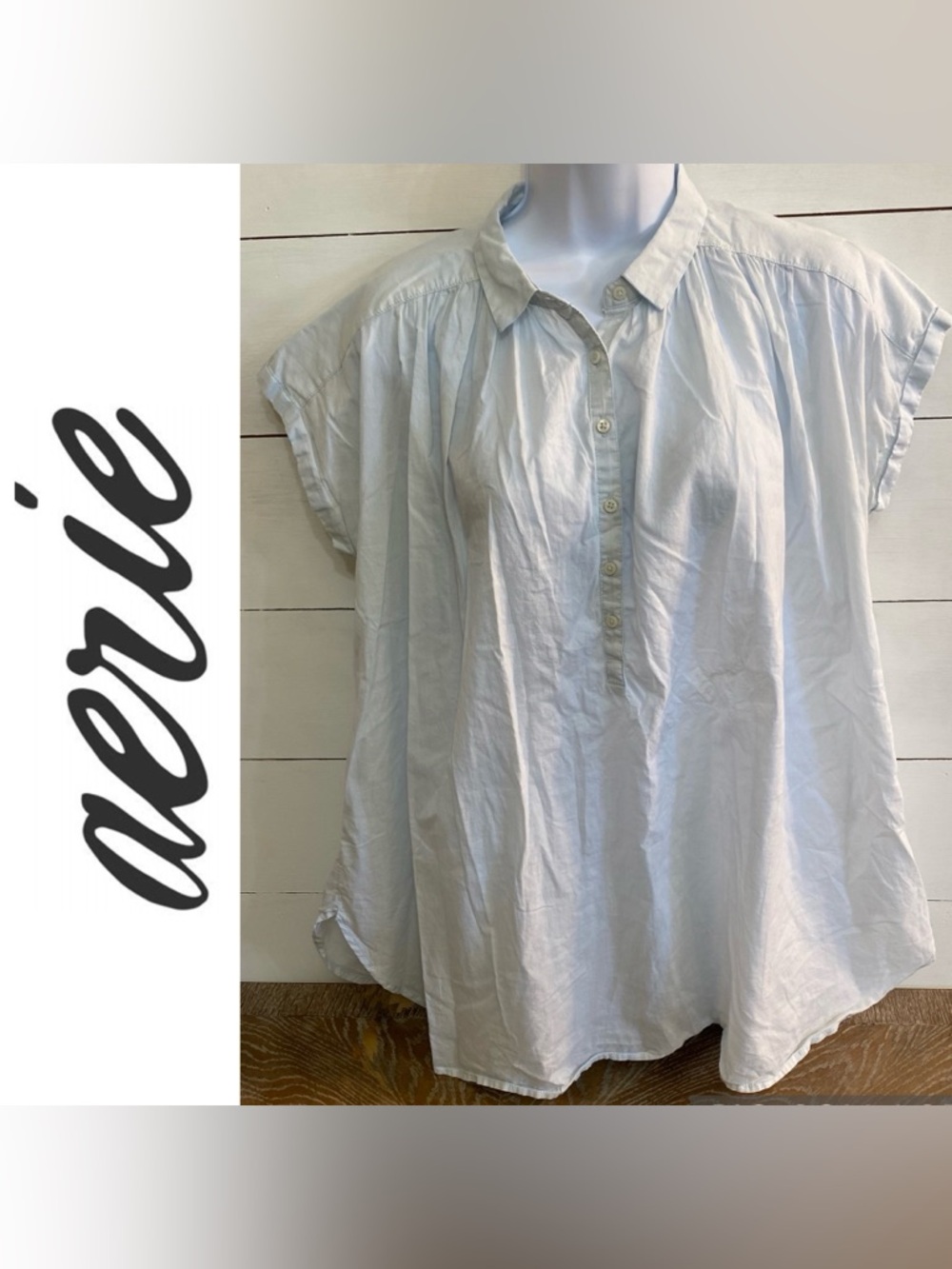 Aerie Women’s Sz S‎ Powder Blue Short Sleeve Popover Blouse